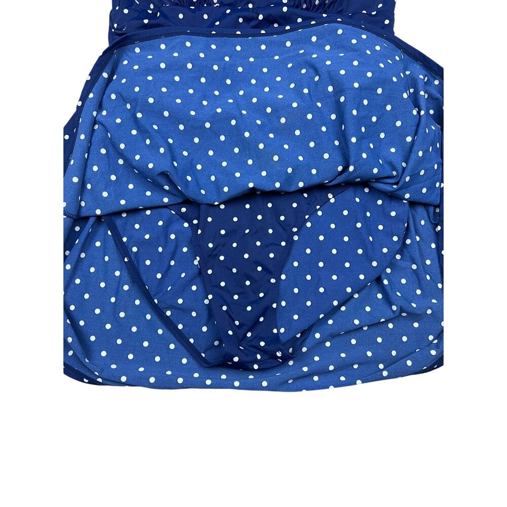 Denim & Co Swim Dress Ruched Flounce One Piece Blue Polka Dot Retro Rockabilly - Picture 5 of 8